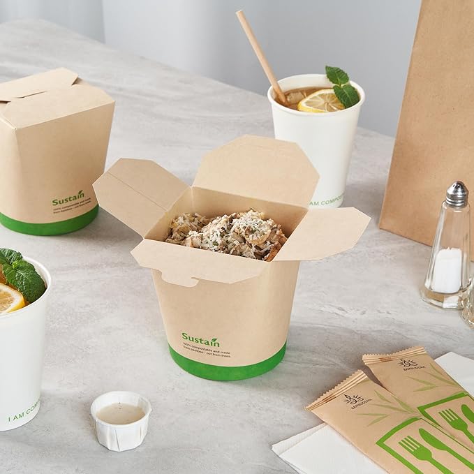 Restaurantware Sustain 32 Ounce Sturdy Paper Take Out Boxes, 200 Disposable Take Out Food Containers - With PLA lining, Compostable, Bamboo Paper Containers, Built-In Tab-Lock Cover, Greaseproof