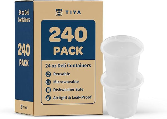 TIYA Takeout Food Containers - 24oz Bulk 240 Pack with Lids - Plastic Food Storage to-Go Containers - Reusable Microwavable Dishwasher Safe Takeout Cups - Airtight Leak Proof for Soups & Meal Prep