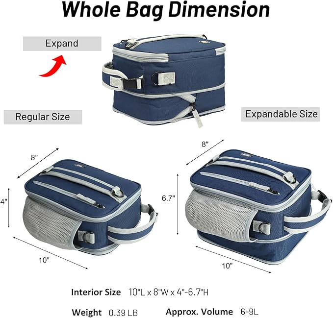 MIER Expandable Lunch Bag Insulated Lunch Box for Men Boys Teens to Work School Travel, Multiple Pockets Portable Lunchbox Bags with Shoulder Strap (Navy Blue