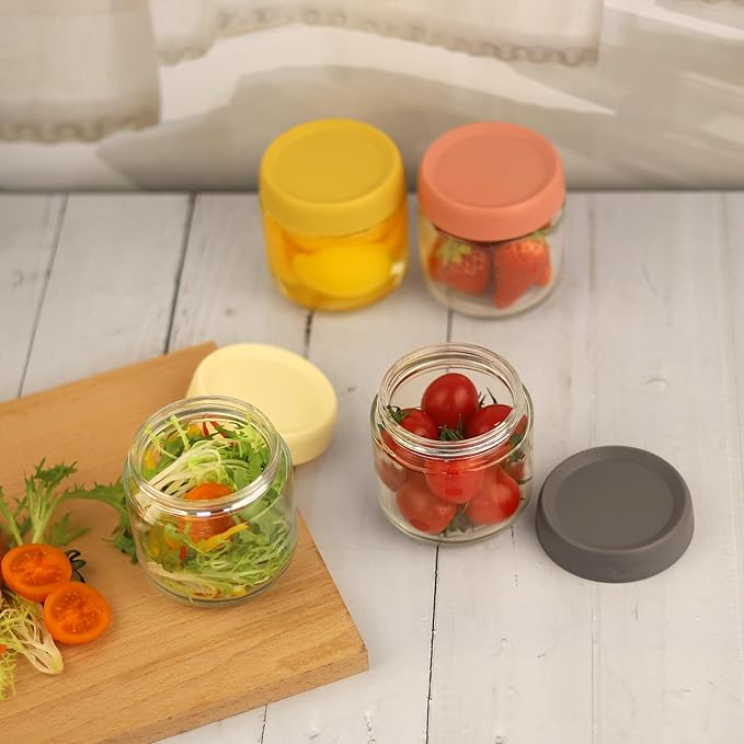10 OZ Glass Food Jar Storage Containers with Airtight Lids, Reusable Wide Mouth Overnight Oats Glass Mason Jars for Snacks Yogurt Pudding(Multicolor 4pack-2)