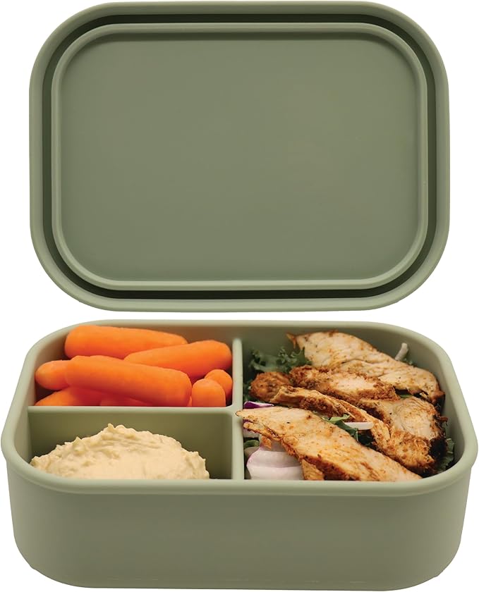 Silicone Bento Box, 3 Compartments, BPA-Free, Leak-Resistant, Dishwasher and Microwave Safe, Perfect for Work, Travel & Meal Prep, (Green)