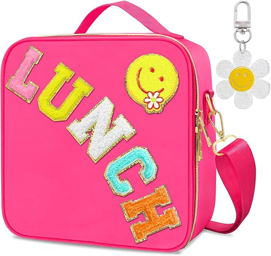 Lunch Box for Girls Women, Preppy Lunch Box for Teen Girls， Insulated Girls Lunch Bag for Kids, Large Reusable Cute Cooler Bag with Adjustable Shoulder Straps,Perfect for School Travel Picnic（Pink）
