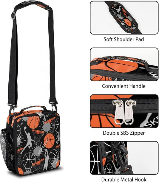 Basketball Kids Lunch Box Basketball Sport Insulated Lunch Bag Tote for Girls Boys, Cooler Freezable Meal Prep Bag with Shoulder Strap Waterproof Lunch Container for School Office Picnic