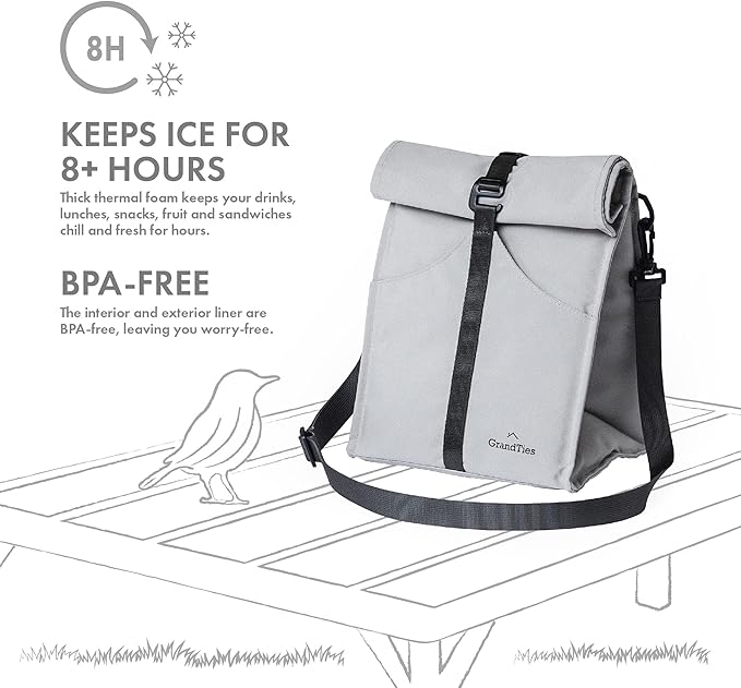 GRANDTIES Insulated Lunch Bag for Women, Men, Adults - Rolltop Leak Proof Meal Prep Lunch Box Containers, Reusable Snack Bags, Travel Cooler, Small Soft Cooler Bag, Fold Top Sandwich Bags, Grey