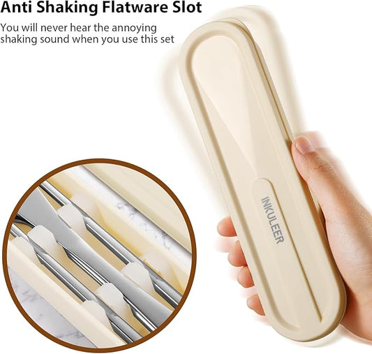 INKULEERTravel cutlery set, 18/8 stainless steel cutlery, Reusable utensils set with case, Portable Silverware Lunch Box for Camping and Office (Silver)