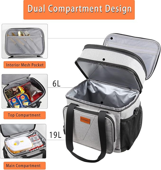 Double Decker XLarge Lunch Box, Insulated Heavy Duty Lunch Bag Waterproof Leakproof Durable Cooler Bag for Men Women Adults Work Picnic Camping Trip, 22L, Grey