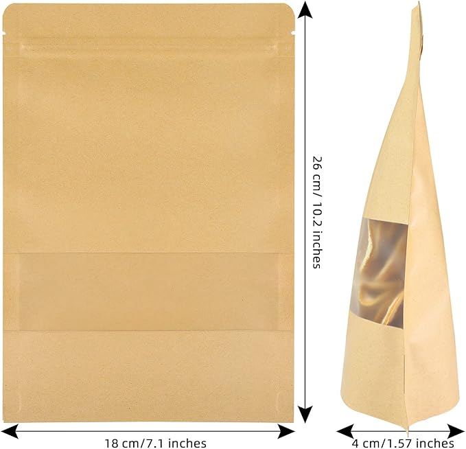 100 Pcs Kraft Stand Up Pouches 7.1 x 10.2 Inch Resealable Zip Lock Food Storage Bags with Matte Window for Packaging