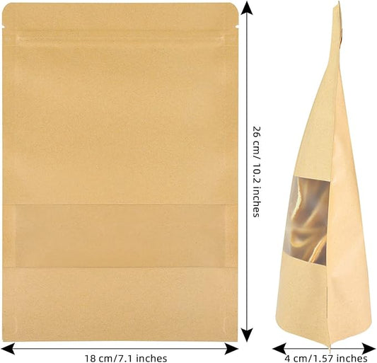 100 Pcs Kraft Stand Up Pouches 7.1 x 10.2 Inch Resealable Zip Lock Food Storage Bags with Matte Window for Packaging