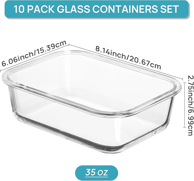 Vtopmart 10Pack 35oz Glass Food Storage Containers with Lids, Meal Prep Containers, Airtight Lunch Containers with Snap Locking Lids, for Microwave, Oven, Freezer and Dishwasher