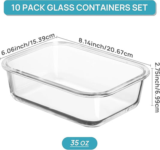 Vtopmart 10Pack 35oz Glass Food Storage Containers with Lids, Meal Prep Containers, Airtight Lunch Containers with Snap Locking Lids, for Microwave, Oven, Freezer and Dishwasher