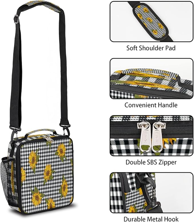 Sunflower Check Kids Lunch Box Cute Insulated Lunch Bag Tote for Girls Boys Black Buffalo Plaid Cooler Freezable Meal Prep Bag with Shoulder Strap Waterproof Lunch Container for School Office Picnic