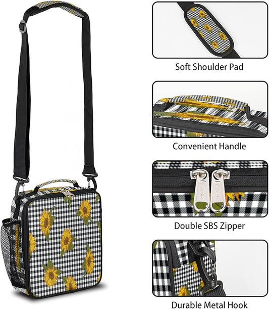 Sunflower Check Kids Lunch Box Cute Insulated Lunch Bag Tote for Girls Boys Black Buffalo Plaid Cooler Freezable Meal Prep Bag with Shoulder Strap Waterproof Lunch Container for School Office Picnic