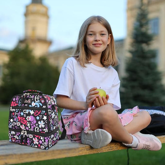 Tilami Lunch Bags Insulated Adjustable Strap Zipper, Water-Resistant Cooler Bags, Bento Bags for Kids Toddlers, Heart Black