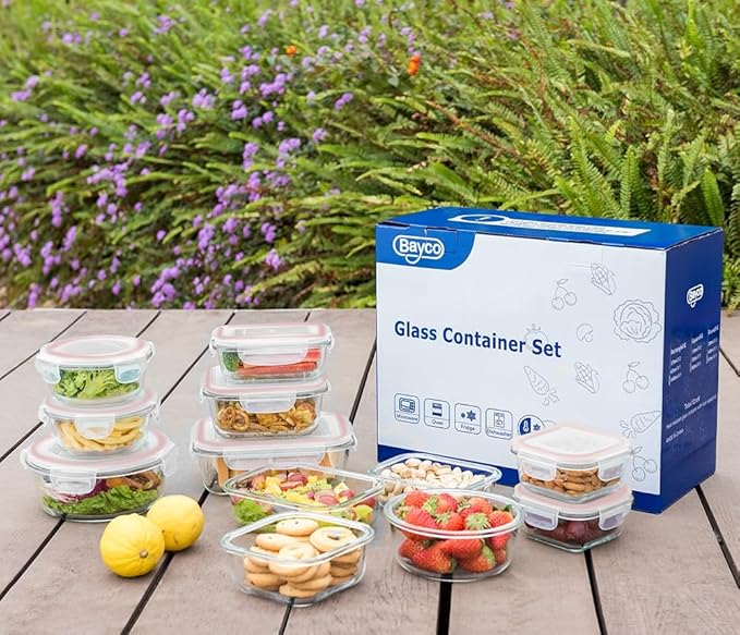 Glass Food Storage Containers with Lids, [24 Piece] Glass Meal Prep Container, Airtight Bento Boxes, BPA Free & Leak Proof (12 lids & 12 Containers) - Pink