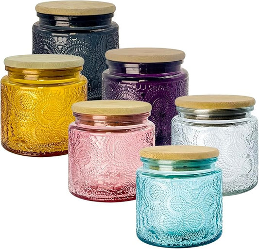 12 oz Decorative Glass Storage Jars with Airtight Bamboo Lids - 6 Pack 6 Colors - Sunflower Embossed Spice, Candle & Home Organizer Set