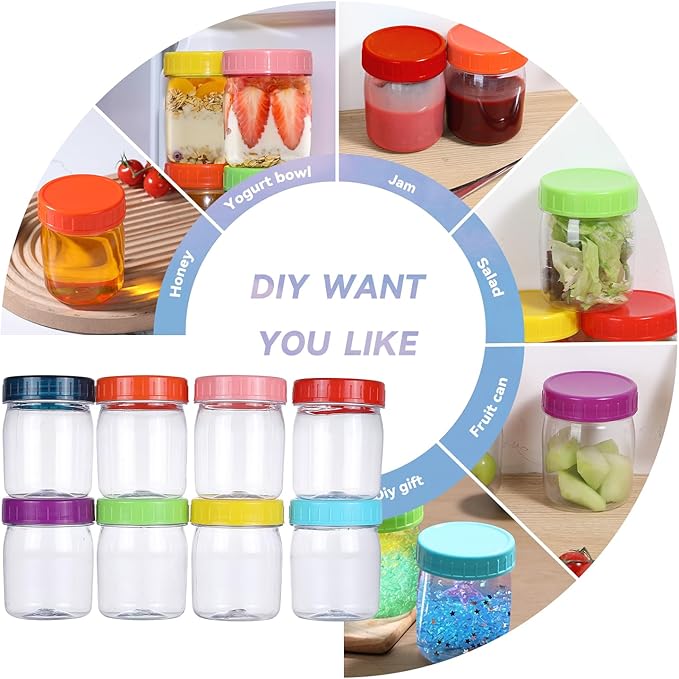 novelinks 8oz Plastic Jars With Lids Colorful Lid Mason Jars 16 Pack 8 oz Plastic Containers With Lids For Diy Food Milkshake Salads Snake Jams Spices (16)