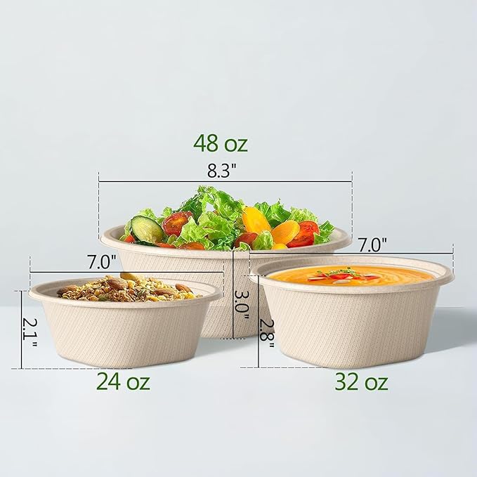 Homestockplus Large Disposable Bowl - Heavy Duty Paper Bowls - Made from Sugarcane and Bamboo Fiber, Microwave Safe - 48 Oz Paper Bowls for Soup, Salad, Ramen, Popcorn, etc.[50/Pack]