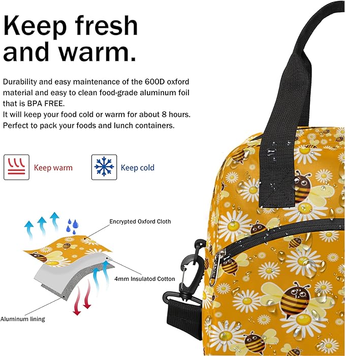 Pardick Yellow Bee Insulated Lunch Bag, Cute Flower Daisy Box with Shoulder Strap, Reusable Large Container for School, Office, Travel, Picnic, Beach, Outdoor Use
