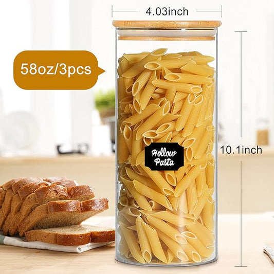 Glass Jars with Bamboo Lids, 58 oz 3 Pcs Kitchen Glass Containers with Bamboo Lids, Airtight Glass Pantry Storage Containers with Lids for Rice, Flour, Nuts, Cookie, Pasta, Oatmeal, Bean
