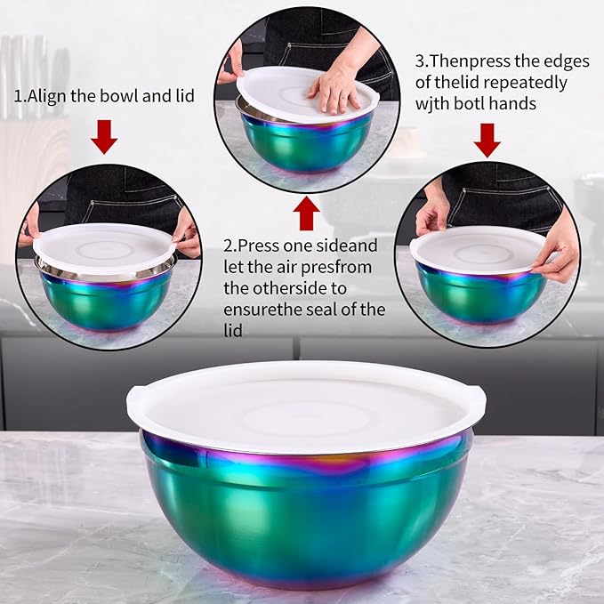 Rainbow Mixing Bowls with Lids Set of 5, Stainless Steel Nesting Bowl with Khaki Lid for Non-slip Mixing Prepping Storing Serving, 5 Sizes-5.5/3.6/2.7/2.1/1.5 QT