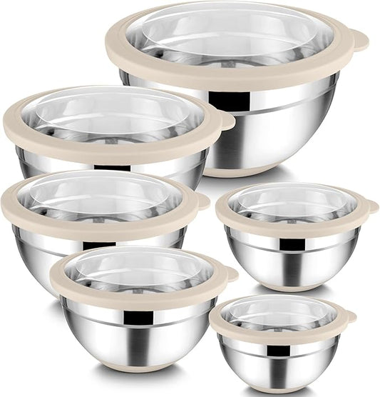 TeamFar Mixing Bowls Set of 6, Stainless Steel Salad Mixing Bowls with Visible Lids, Metal Nesting for Mixing Serving Prepping, Non-Slip & Airtight, 4.6/3.5/2/1.5/1/0.7 QT, Khaki