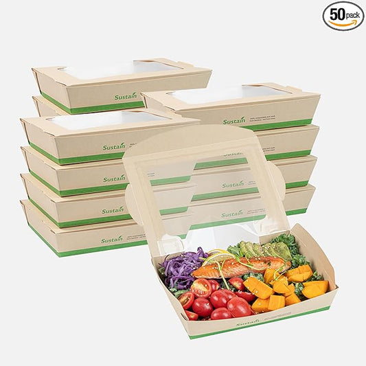 Restaurantware-Sustain 40 Ounce Sturdy Paper Take Out Boxes, 50 Disposable Take Out Food Containers - With PLA lining, Clear PLA Window, Bamboo Paper Containers, Compostable, Tab-Lock Design