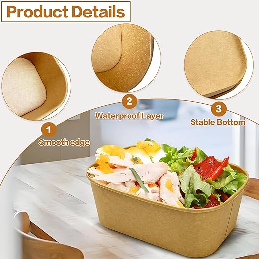 50 Pack Paper Meal Prep Containers with Lids, 20 oz Disposable and Compostable Take out Food Containers Rectangular to Go Kraft Paper Bowls for Leftovers, Salad, Soup, Snack