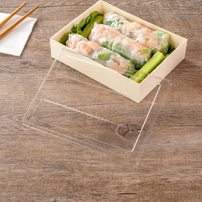 Restaurantware LIDS ONLY: Taipei 6.5 x 5 x 0.3 Inch Rectangle Transparent Lids 100 Plastic Lids For 23 Ounce Rectangle Wooden Containers - Containers Sold Separately Clear Plastic To Go Box Lids