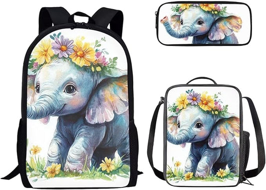 Dolyues Flower Elephant Girls' Backpack Set17-Inch Student Backpack Shoulder Lunch Bag & Glitter Pencil Case for Girls Ages 6-12
