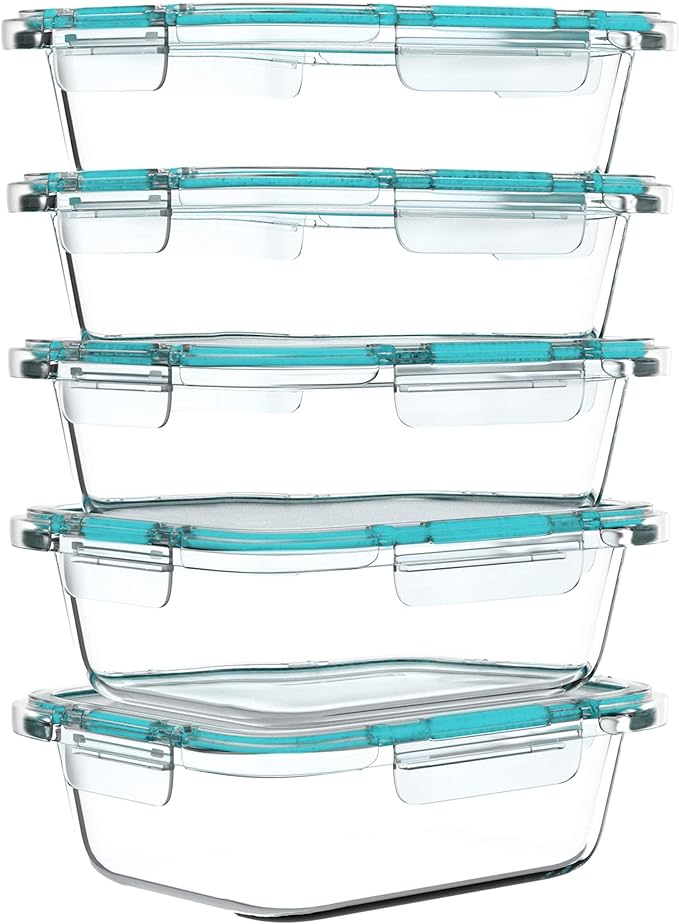 Classic Cuisine 5-Pack Glass Food Storage Containers Set - 1-Compartment Dishwasher and Microwave-Safe Glassware with Snap-Shut Lids for Meal Prep