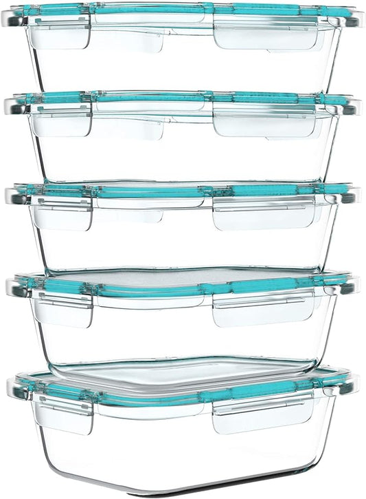 Classic Cuisine 5-Pack Glass Food Storage Containers Set - 1-Compartment Dishwasher and Microwave-Safe Glassware with Snap-Shut Lids for Meal Prep