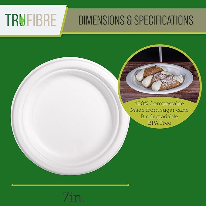 7" Paper Plates, Compostable Bagasse Food Container, Disposable, Microwave Safe for Lunch, Dinner, Party, Supplies, Events, Bulk, 125 Pack