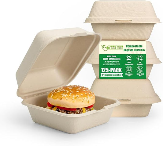 125 Pack 6x6 Inch Clamshell Take Out Food Containers,100% Compostable Disposable To Go Containers with Lid,Square Small Lunch Box,Heavy Duty,Eco-Friendly Biodegradable Bagasse Take Out Boxes