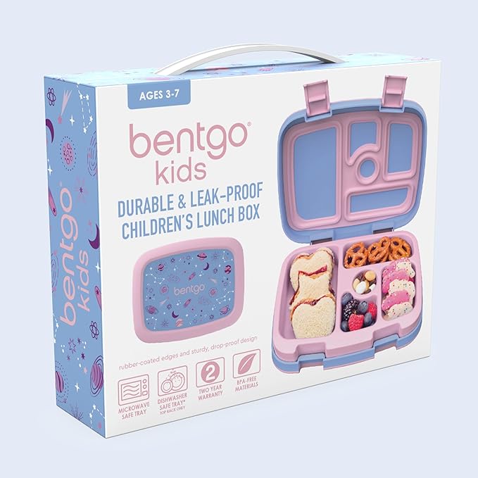 Bentgo Kids Prints Leak-Proof, 5-Compartment Bento-Style Kids Lunch Box - Ideal Portion Sizes for Ages 3-7, Durable, Drop-Proof, Dishwasher Safe, & Made with BPA-Free Materials (Lavender Galaxy)