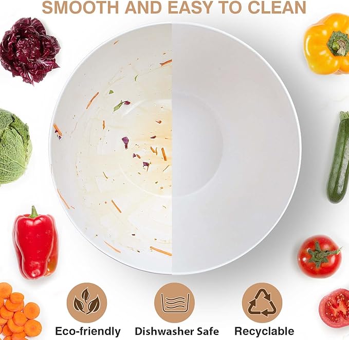 11.3" Extra Large Salad Serving Bowl Set with Wooden Lid&Utensils, 6.5Qt., Bamboo Fiber Salad Bowl with Servers for Kitchen, Lightweight Big Bowl for Mixing Salad,Fruit,Pasta - Matte White