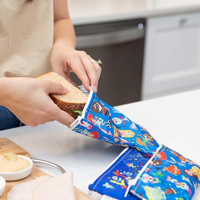 Bumkins Disney Reusable Sandwich and Snack Bags, for Kids School Lunch and for Adults Portion, Washable Fabric, Waterproof Cloth Zip Bag, Travel Pouch, Food-Safe Storage, 3-pk 100 Years Celebration