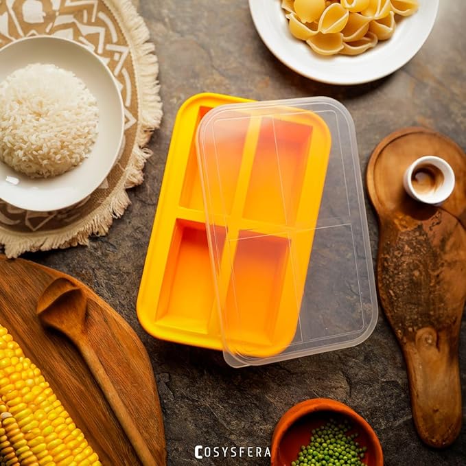 Silicone Freezer Tray with Lid – 1 Cup Portion Mold (4 Portions), Reusable Food Storage Container for Meal Prep, Soup, Sauce, Broth and Leftovers - DPA free - Microwave, Oven and Dishwasher Safe
