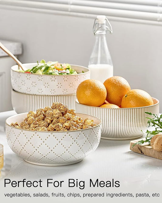 getstar Large Serving Bowls (8 inch & 60 fl oz), Ceramic Salad Bowl Set of 2, Microwave and Dishwasher Safe, Farmhouse Kitchen Decorative Bowls Set (Embossed Checks & Stripes)