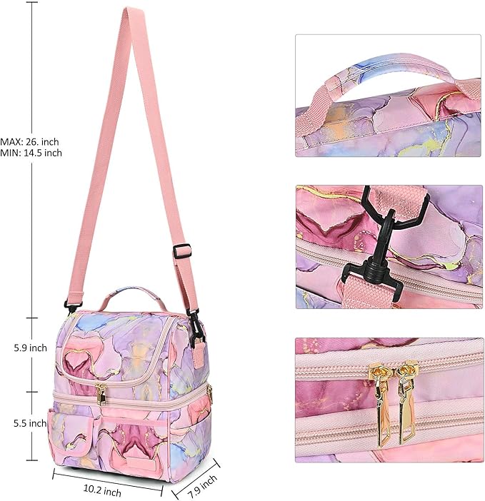 LOKASS Lunch Bags for Women Double Deck Insulated Lunch Box Large Cooler Tote Bag with Removable Shoulder Strap Wide Open Thermal Meal Prep Lunch Organizer Box for Adults/Work/Outdoor, Pink