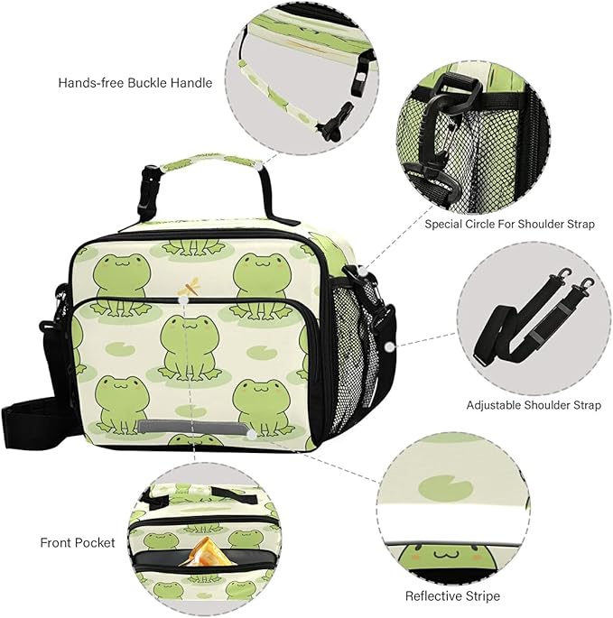 MNSRUU Unisex Cute Frog Insulated Lunch Bag, 11"x4.33"x 9.05", Keeps Food Warm or Cold for Hours