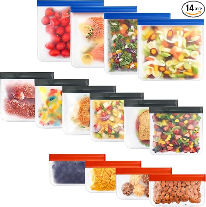 14-Pack (4 Small, 6 Medium, 4 Large) Extra Thick Reusable Silicone Storage Bags – BPA-Free, Leakproof & Durable Freezer Bags for Meal Prep, Marinating, Snacks & Travel – Dishwasher Safe