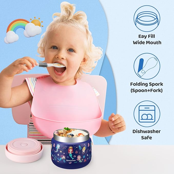 Kids Thermo for Hot Food Drink - with Lunch Cooler Bag & Foldable Spoon, Keep Cold-12h Hot-8h, Spill-proof 18/8 Stainless Steel Vacuum Soup Box Container for Toddler Boy, 9 OZ Food Jar for School
