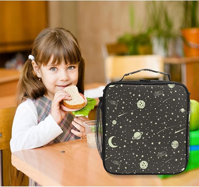 Pfrewn Galaxy Outer Space Lunch Box for School Kids Vintage Space Stars Planets Moon Meteorites Insulated Lunch Bag Reusable Cooler Meal Prep Bags Lunch Tote with Shoulder Strap for Office Adult
