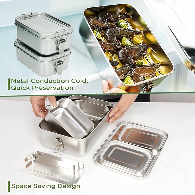 304 Stainless Steel Bento Box 3 Pack Stainless Steel Containers With Lids 2400/550/550ml,Leak-Proof & Stackable Storage Stainless Steel Food Storage Containers for Soup Salad Leftover
