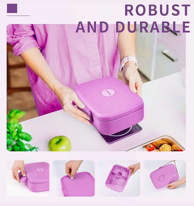 Bento Lunch Box with Kids/Adults, 5 Compartments Leakproof Lunch Container with Dressing Cup, Eco-Friendly Double Insulated Boxes, Dishwasher and Microwave Safe, BPA-Free (purple)