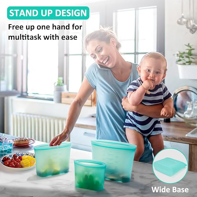 Reusable Food Bags, 12 Pack 100% Silicone Food Storage Bags Stand Up Zip Lock Container, Freezer Microwave Oven Dishwasher Safe, 4 Large 4 Medium 4 Small, Aqua