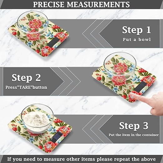 Food Scale Kitchen Digital Scale Food Ounces and Grams Dieting Baking Cooking Waterproof Glass Panels LCD Display,4 Units Scale Tare Function Flower Red
