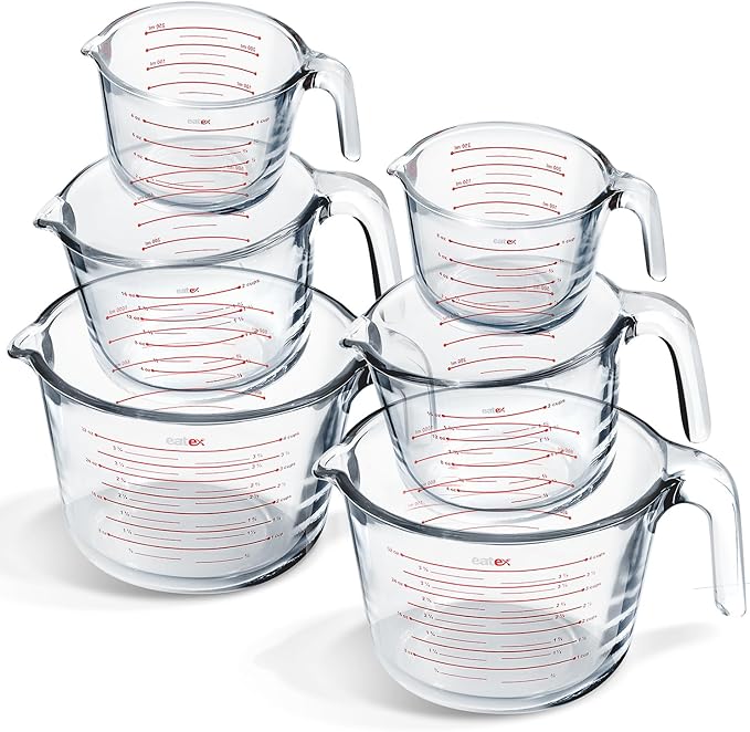 Eatex Glass Measuring Cups Set of 6 - Liquid Measuring Cups, Glass Measuring Cup Set - 1,2,4 Cup Measuring Cup - Dishwasher Oven, Microwave Safe Measure Cups