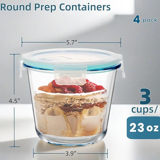 Qxbekmor 4 Packs Glass Soup Storage Containers with Airtight Lids, Leak-proof 3 Cup Freezer Food Storage Jars, Great for Lunch, Meal Prep, Leftover, Overnight Oats, Microwave and Dishwasher Safe