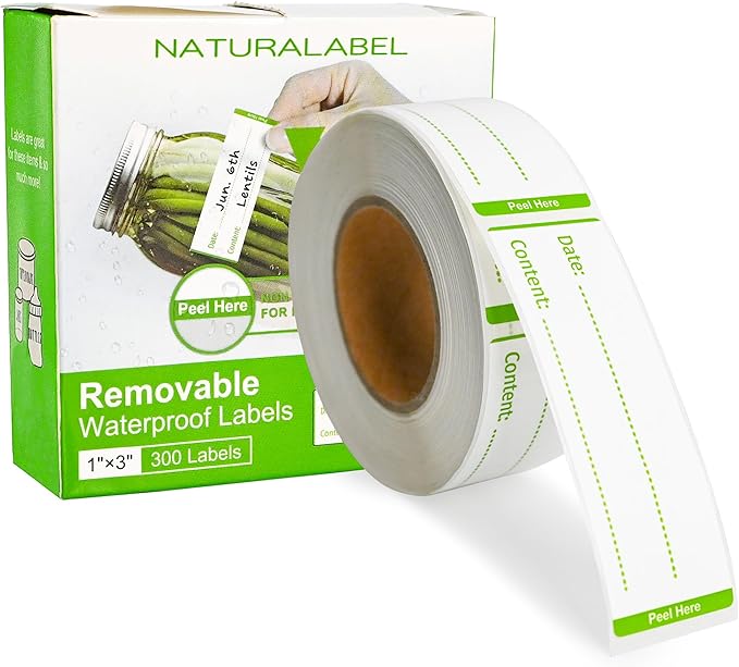 NATURALABEL 300 PCS Removable Freezer Labels with Dispenser - 1" x 3" Food Labels for Meal Prep Containers & Pantry Organizers, Easy Peel-Off Design, No Residue (Green)